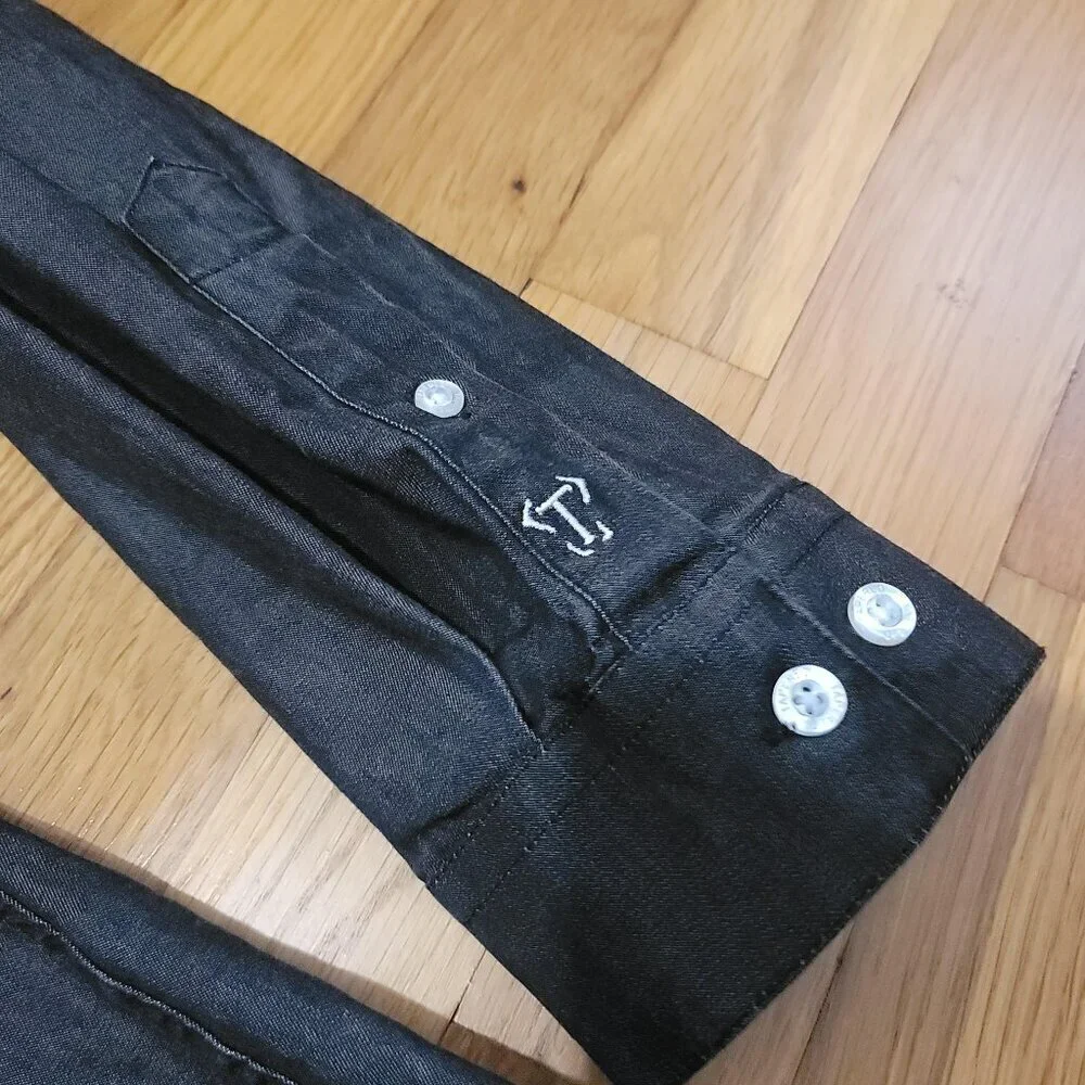 Black Denim Tapered Fit Shirt Large Men's Button Down Longsleeve Stretch Cotton - Picture 3 of 5